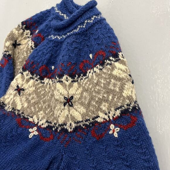 Vintage 80s Blue Pattern Winter Wool Handknit Sweater - Picture 3 of 4